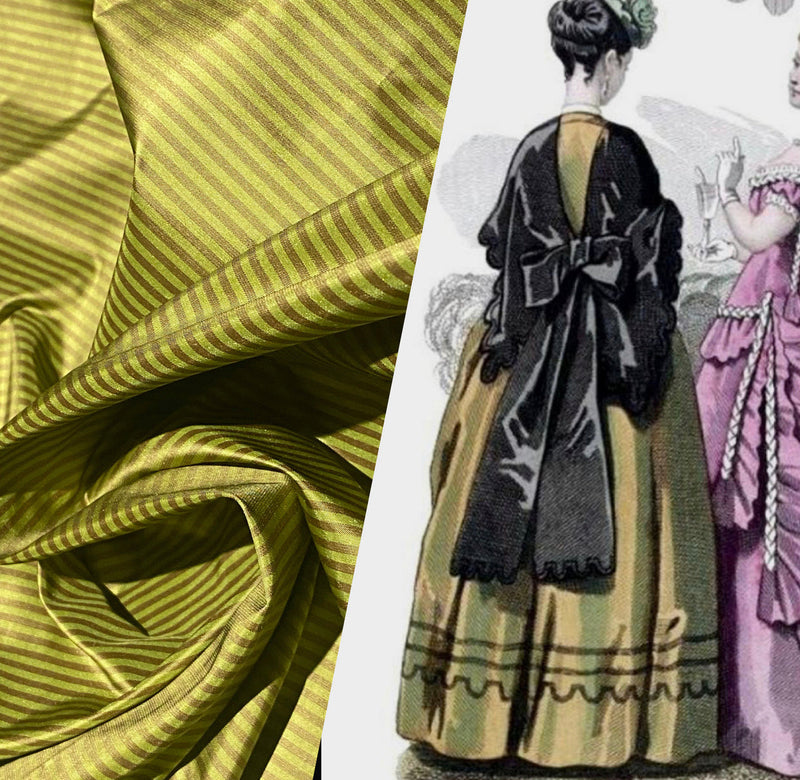Spooky Sale: Lady Bernadette 100% Silk Taffeta Fabric with 1/8” Burgundy Red and Leaf Green Stripes