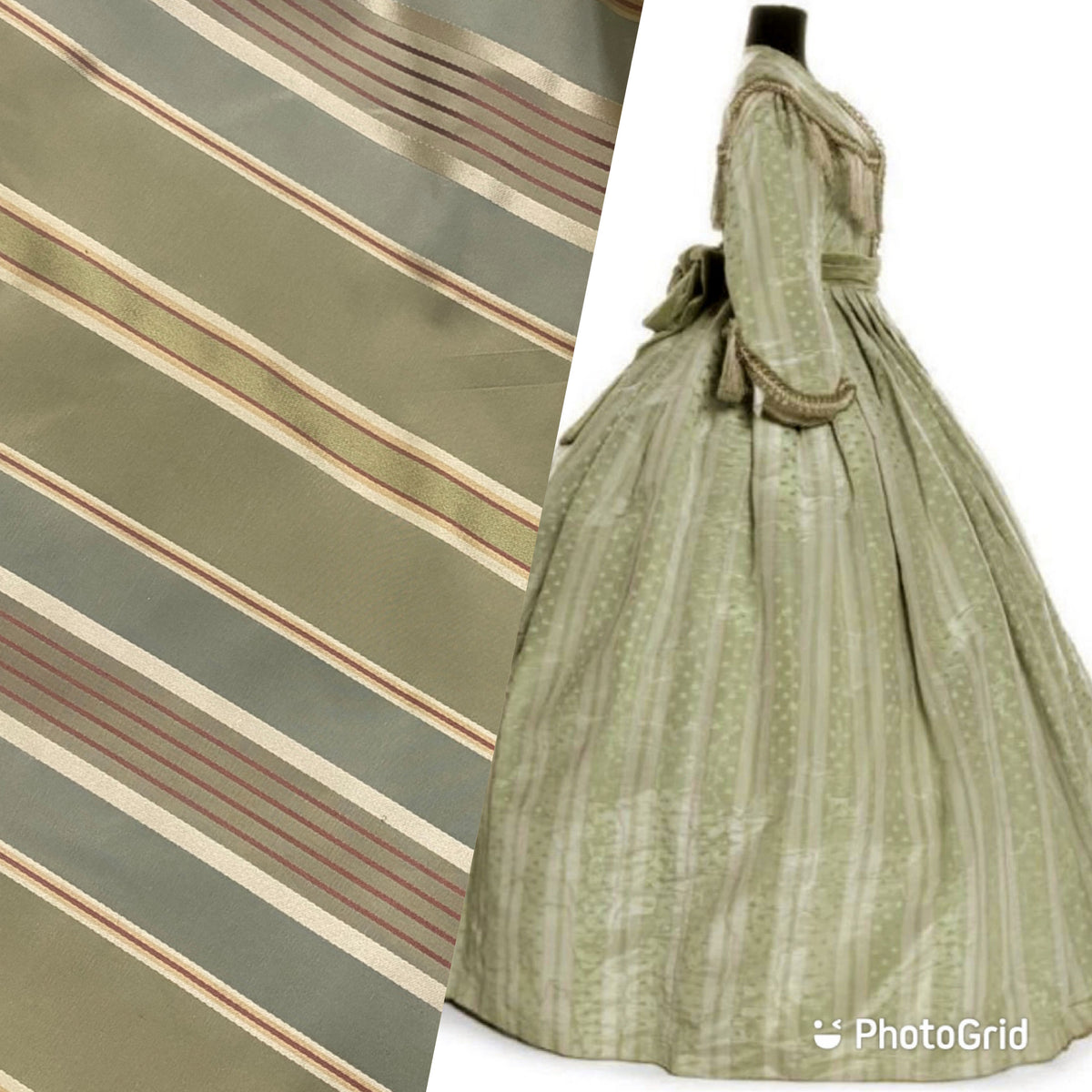 Queen Shante 100% Silk Taffeta Ribbon Stripes Fabric - Pistachio Green, Blue-Grey and Gold with Red Pinstripes - Fancy Styles Fabric Pierre Frey Lee Jofa Brunschwig & Fils