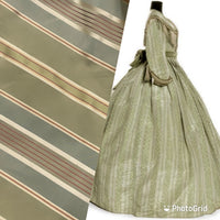 Queen Shante 100% Silk Taffeta Ribbon Stripes Fabric - Pistachio Green, Blue-Grey and Gold with Red Pinstripes - Fancy Styles Fabric Pierre Frey Lee Jofa Brunschwig & Fils