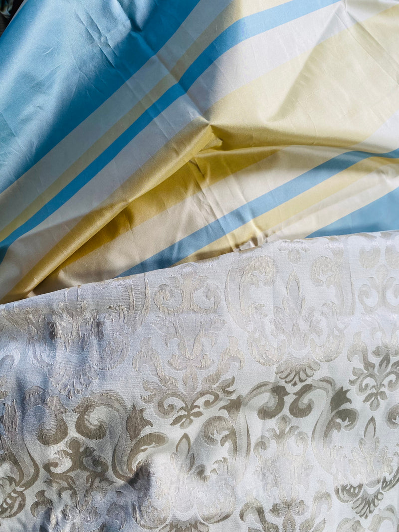 App Sale: $17 Mystery Bundle Fabric 783- 1 Yard of Yellow and Blue Striped Silk Taffeta + .75 Yard of Damask Satin