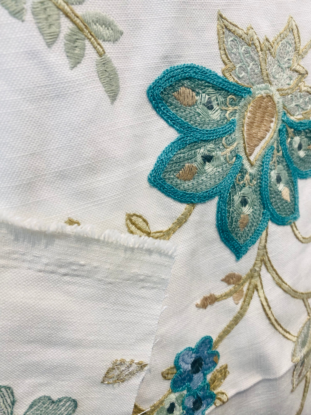 NEW! BACK IN STOCK! Lady Celina Novelty Embroidered 100% Cotton Fabric Turquoise Teal and White - Fancy Styles Fabric Pierre Frey Lee Jofa Brunschwig & Fils