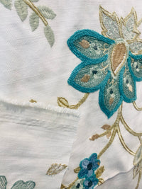 NEW! BACK IN STOCK! Lady Celina Novelty Embroidered 100% Cotton Fabric Turquoise Teal and White - Fancy Styles Fabric Pierre Frey Lee Jofa Brunschwig & Fils