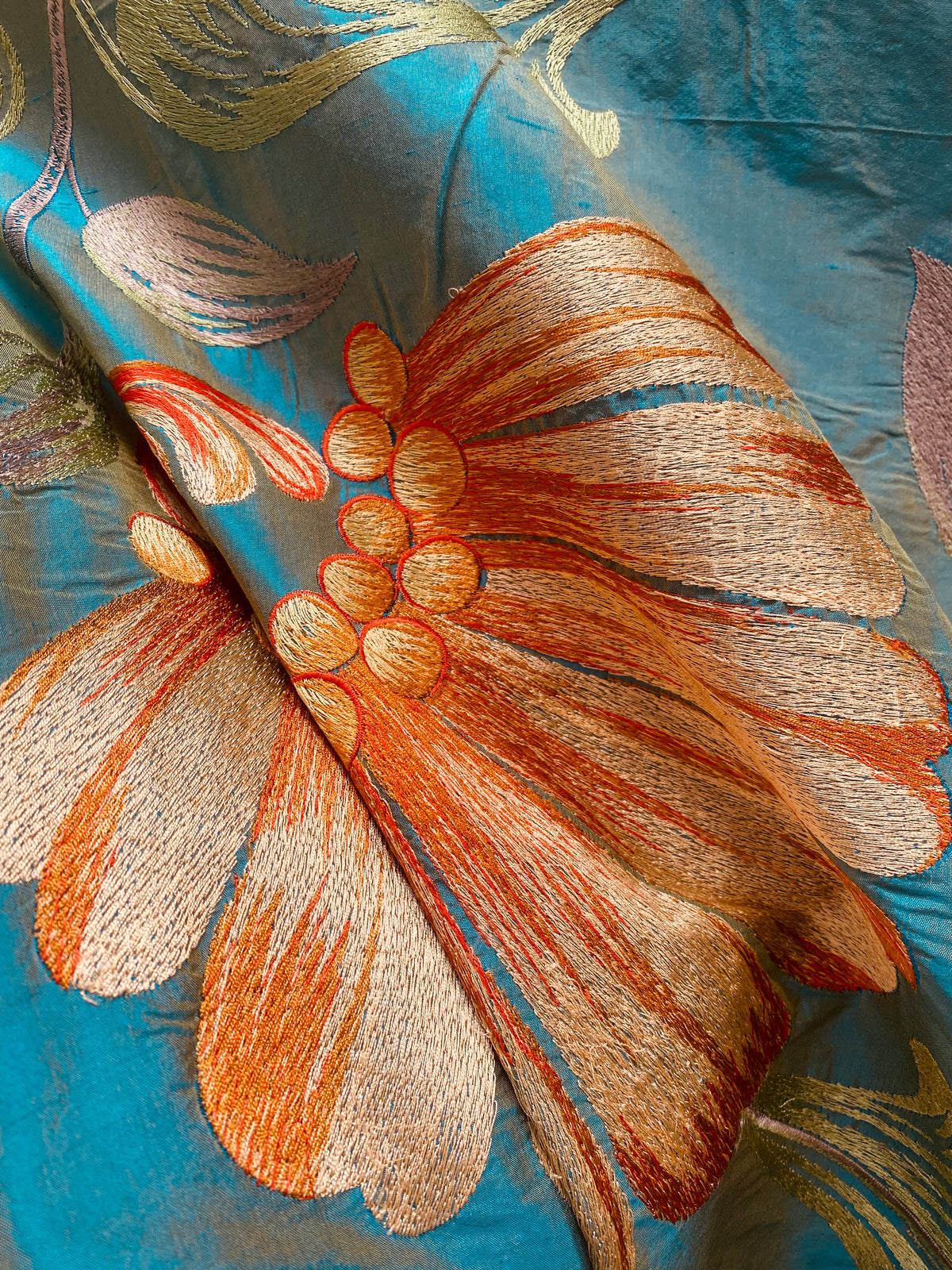 NEW Queen Monique Novelty Floral Embroidered 100% Silk Fabric in Turquoise - Fancy Styles Fabric Pierre Frey Lee Jofa Brunschwig & Fils