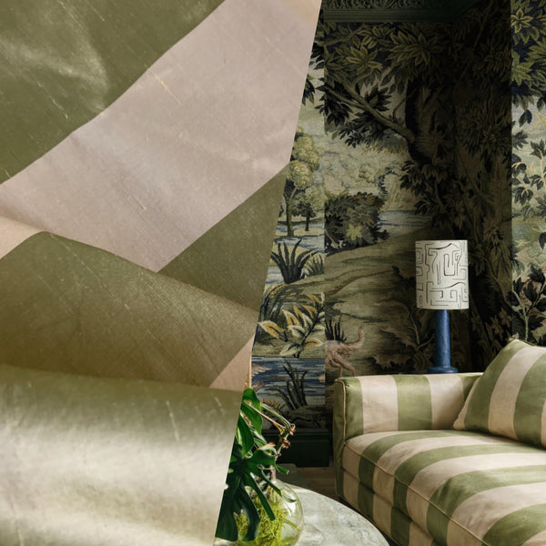 NEW Queen Qante 100% Silk Dupioni Stripes Fabric - Pistachio Green and Cream - Fancy Styles Fabric Pierre Frey Lee Jofa Brunschwig & Fils
