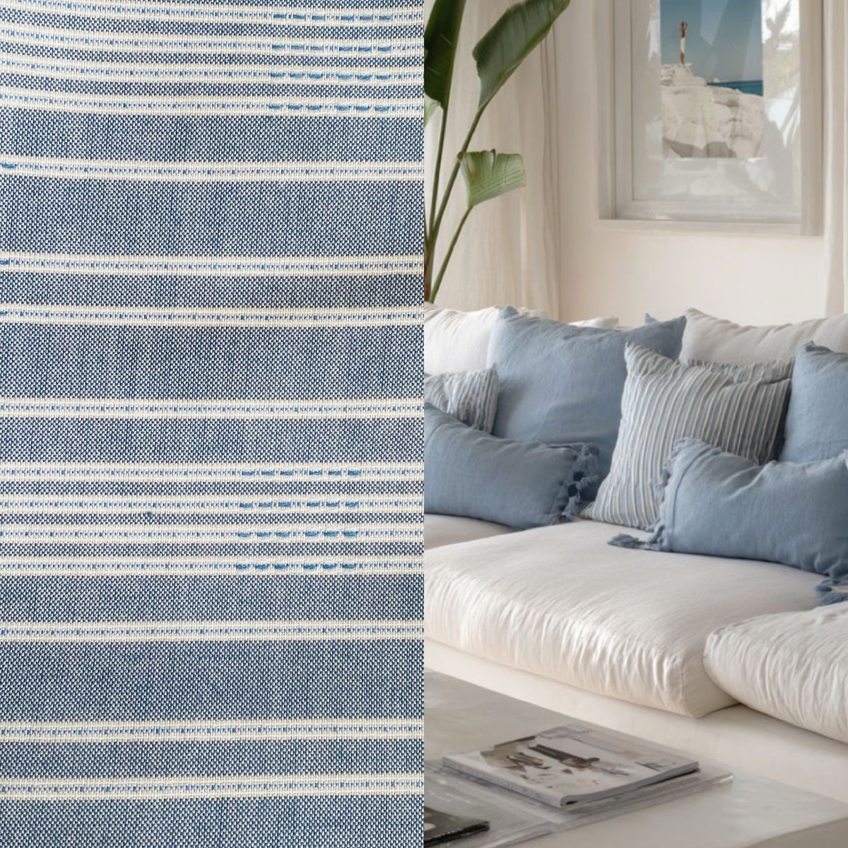 New! SUNBRELLA Indigo Blue White Striped Embroidered Waterproof Indoor Outdoor Upholstery Fabric - Fancy Styles Fabric Pierre Frey Lee Jofa Brunschwig & Fils