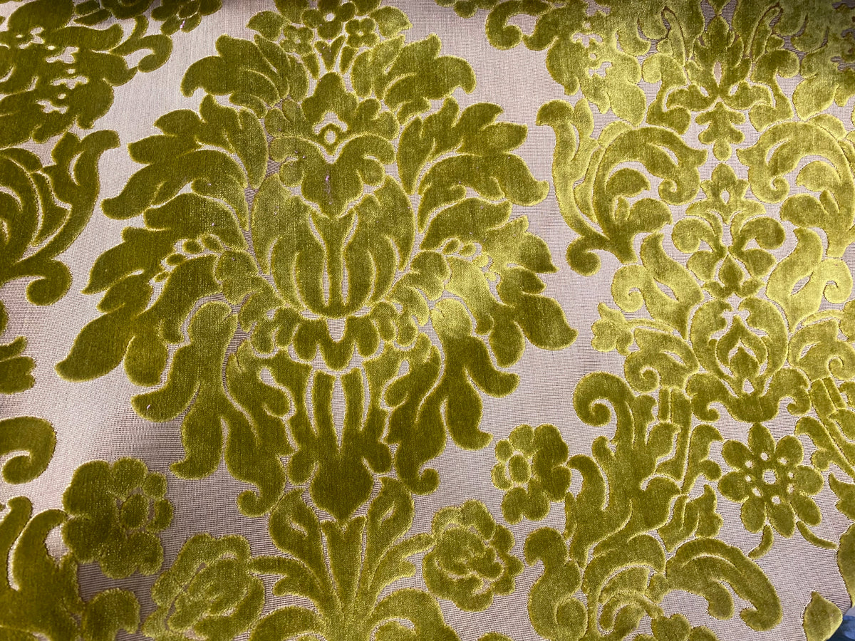 NEW! Princess Perma - LARGE REPEAT- Designer Italian Venetian Burnout Damask Velvet Yellow-Lime Chartreuse Fabric Upholstery - Fancy Styles Fabric Pierre Frey Lee Jofa Brunschwig & Fils