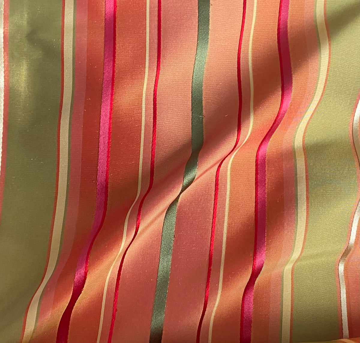 NEW Duchess Thalia 100% Silk Taffeta Ribbon Stripes Fabric - Salmon Pink & Green - Fancy Styles Fabric Pierre Frey Lee Jofa Brunschwig & Fils