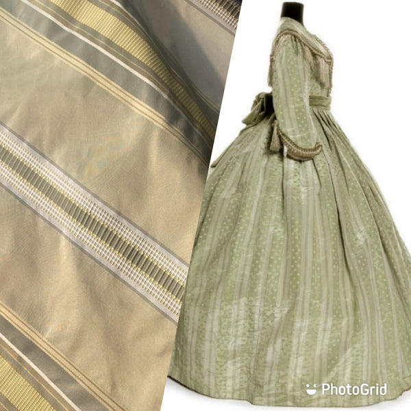 Queen Lattice 100% Silk Taffeta Ribbon Stripes Fabric - Pistachio Green and Gold - Fancy Styles Fabric Pierre Frey Lee Jofa Brunschwig & Fils