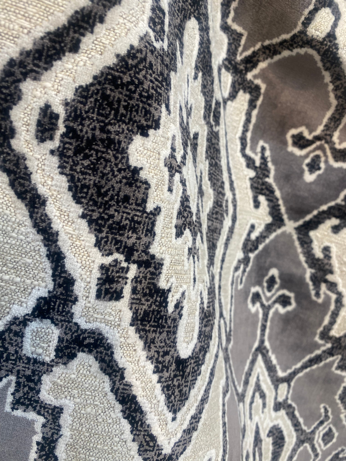 King Chantrel Designer Medallion Damask Velvet Fabric Upholstery-Dark Grey, Black and White - Fancy Styles Fabric Pierre Frey Lee Jofa Brunschwig & Fils