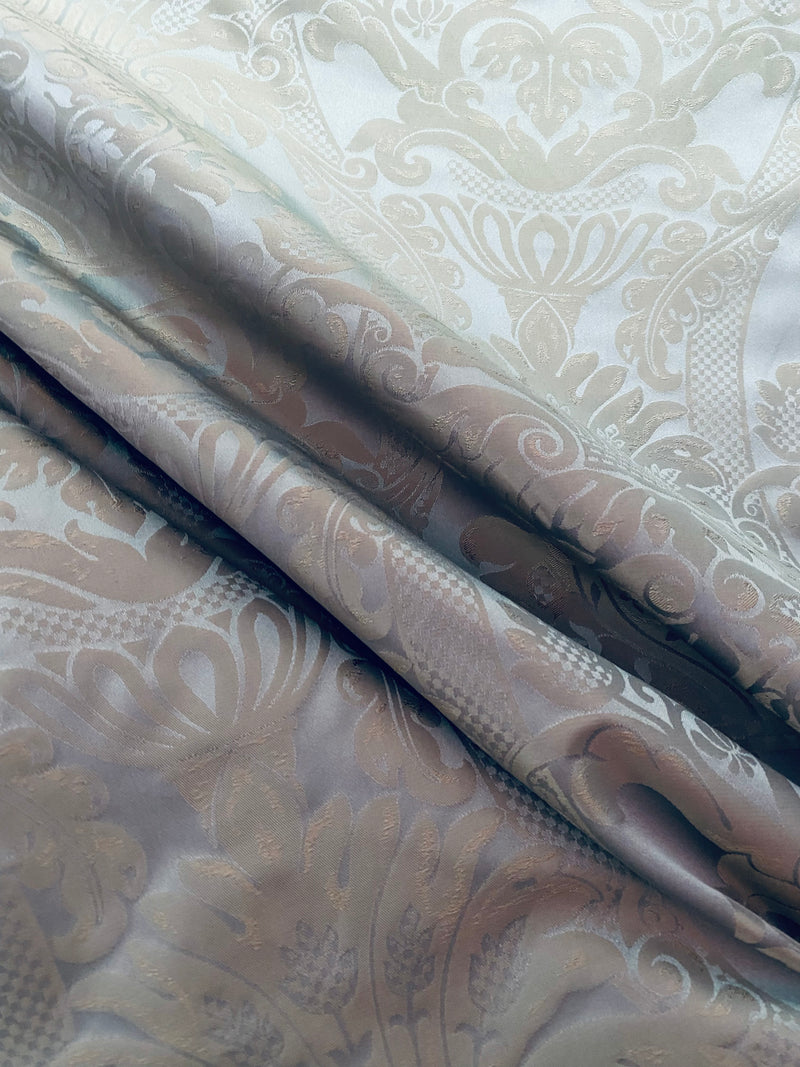 NEW! King Jeffra 100% Silk Taffeta Novelty Jacquard Drapery Fabric in Damask- Silvery Blue