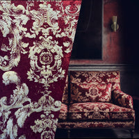 NEW COLOR! Queen Renee Burnout Antique Inspired Velvet Fabric Burgundy & Gold - Fancy Styles Fabric Pierre Frey Lee Jofa Brunschwig & Fils