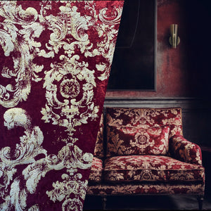 NEW COLOR! Queen Renee Burnout Antique Inspired Velvet Fabric Burgundy & Gold - Fancy Styles Fabric Pierre Frey Lee Jofa Brunschwig & Fils