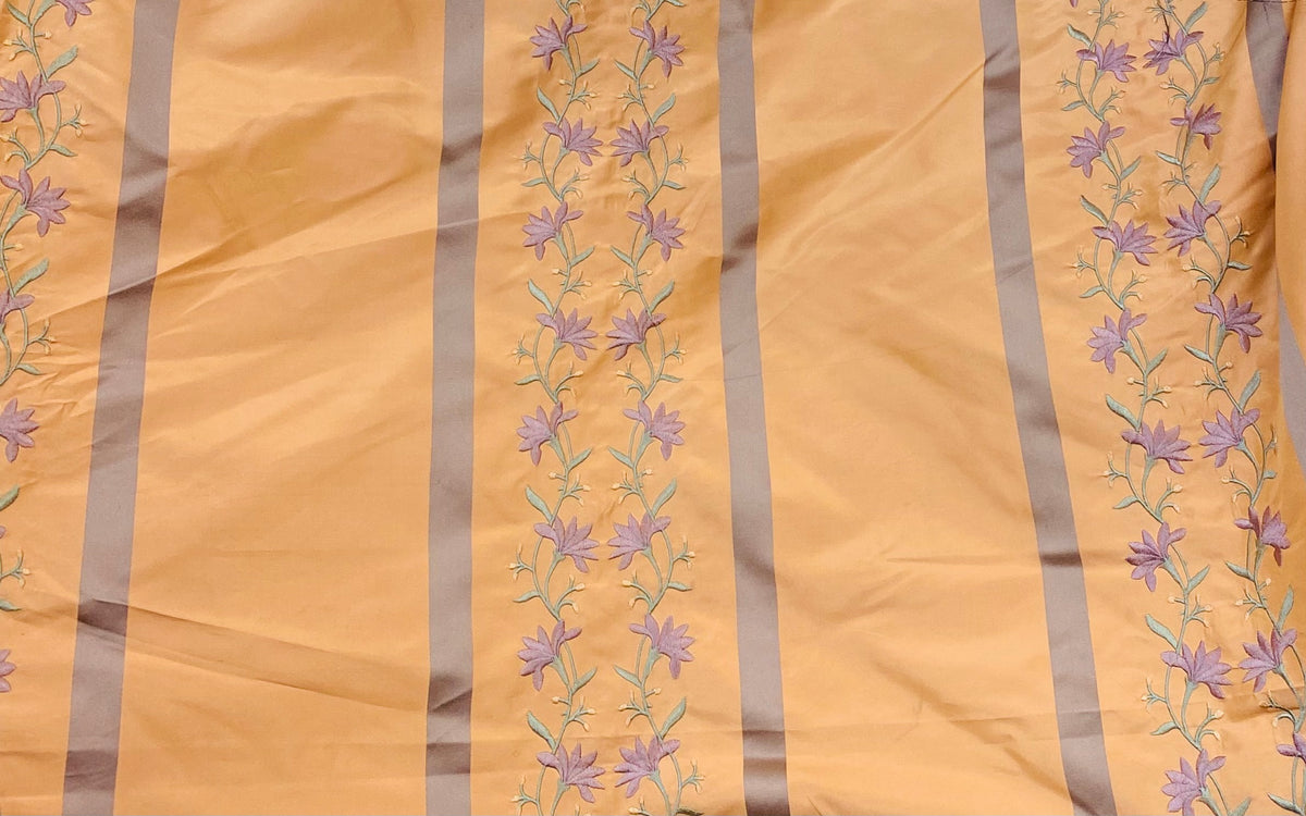 NEW Duchess Adele Designer 100% Silk Taffeta Ribbon Stripe Embroidered Floral Fabric in Peach and Lavender - Fancy Styles Fabric Pierre Frey Lee Jofa Brunschwig & Fils