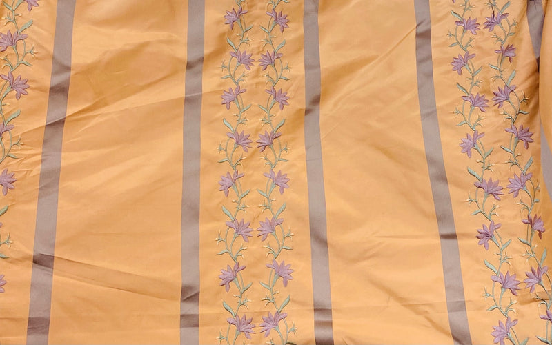 NEW Duchess Adele Designer 100% Silk Taffeta Ribbon Stripe Embroidered Floral Fabric in Peach and Lavender