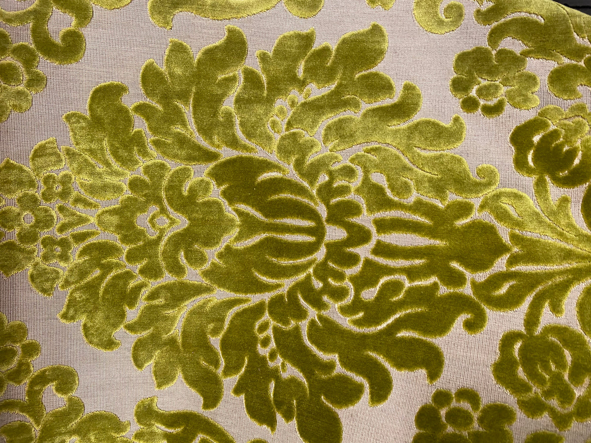NEW! Princess Perma - LARGE REPEAT- Designer Italian Venetian Burnout Damask Velvet Yellow-Lime Chartreuse Fabric Upholstery - Fancy Styles Fabric Pierre Frey Lee Jofa Brunschwig & Fils
