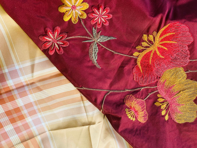 App Sale: $15 Mystery Bundle Fabric 836- 20” x 55” Plaid Peach Silk Taffeta + 26” x 36” Embroidered Faux Silk Floral