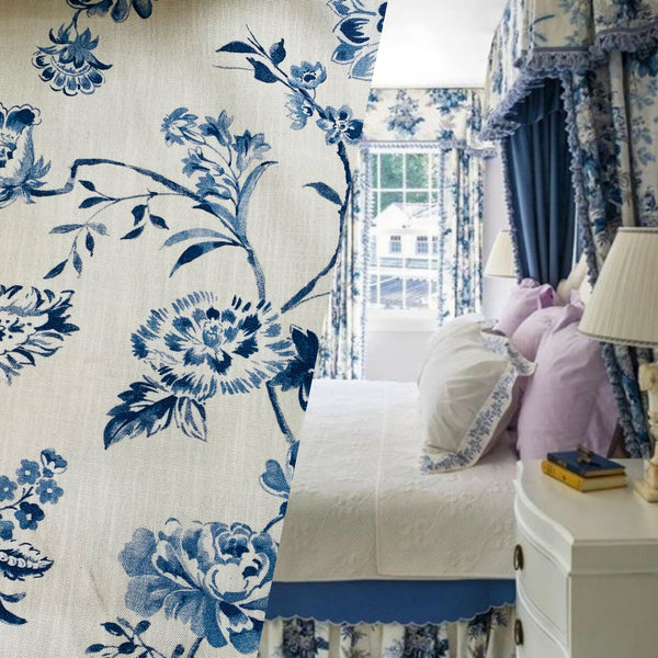 SALE! NEW! Miss Katie Designer Floral Drapery Upholstery Fabric- French Blue & Cream White - Fancy Styles Fabric Pierre Frey Lee Jofa Brunschwig & Fils