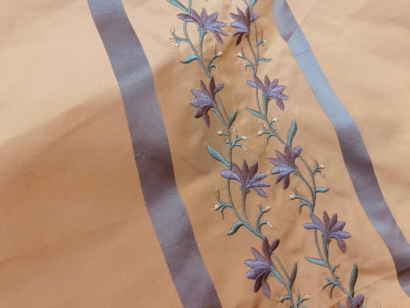 NEW Duchess Adele Designer 100% Silk Taffeta Ribbon Stripe Embroidered Floral Fabric in Peach and Lavender