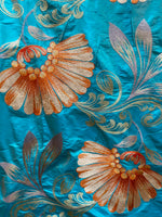NEW Queen Monique Novelty Floral Embroidered 100% Silk Fabric in Turquoise