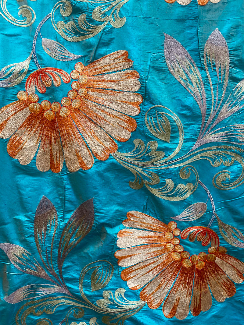 NEW Queen Monique Novelty Floral Embroidered 100% Silk Fabric in Turquoise