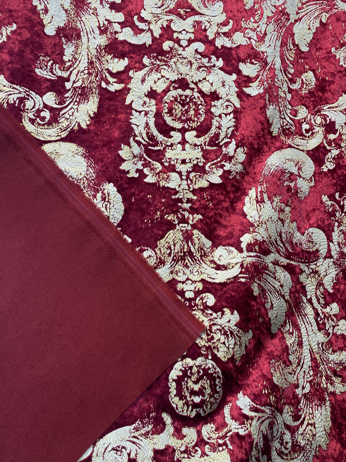 NEW COLOR! Queen Renee Burnout Antique Inspired Velvet Fabric Burgundy & Gold - Fancy Styles Fabric Pierre Frey Lee Jofa Brunschwig & Fils