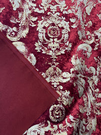 NEW COLOR! Queen Renee Burnout Antique Inspired Velvet Fabric Burgundy & Gold - Fancy Styles Fabric Pierre Frey Lee Jofa Brunschwig & Fils