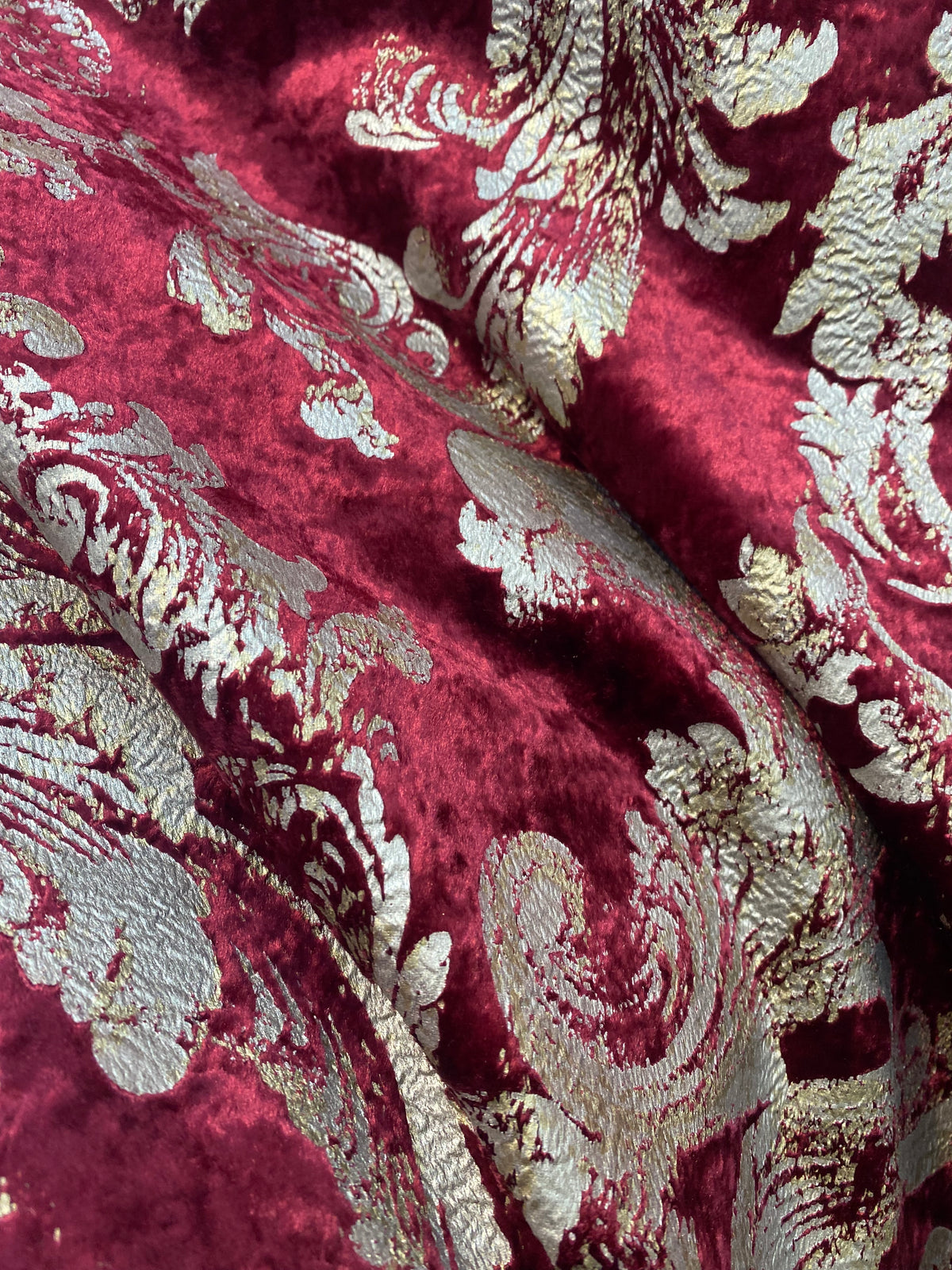 NEW COLOR! Queen Renee Burnout Antique Inspired Velvet Fabric Burgundy & Gold - Fancy Styles Fabric Pierre Frey Lee Jofa Brunschwig & Fils