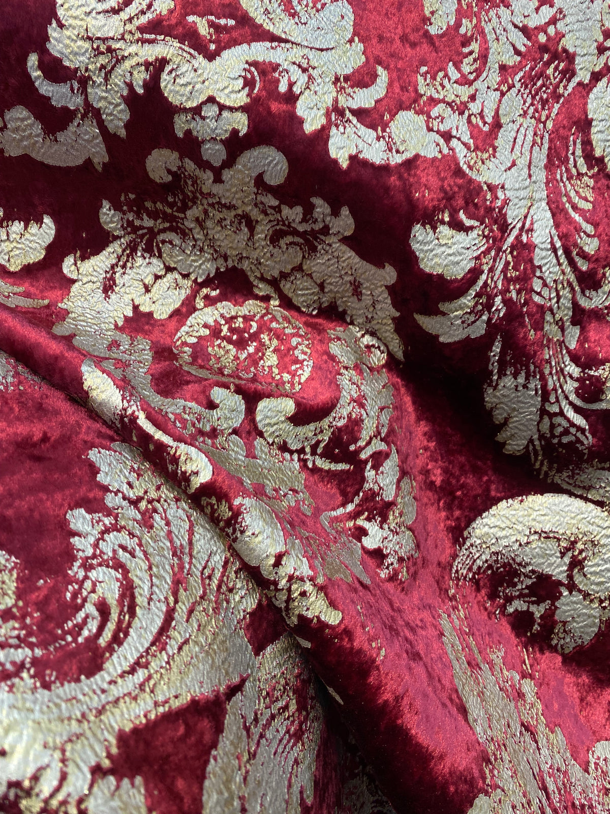 NEW COLOR! Queen Renee Burnout Antique Inspired Velvet Fabric Burgundy & Gold - Fancy Styles Fabric Pierre Frey Lee Jofa Brunschwig & Fils