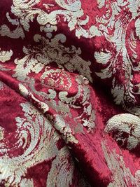 NEW COLOR! Queen Renee Burnout Antique Inspired Velvet Fabric Burgundy & Gold - Fancy Styles Fabric Pierre Frey Lee Jofa Brunschwig & Fils