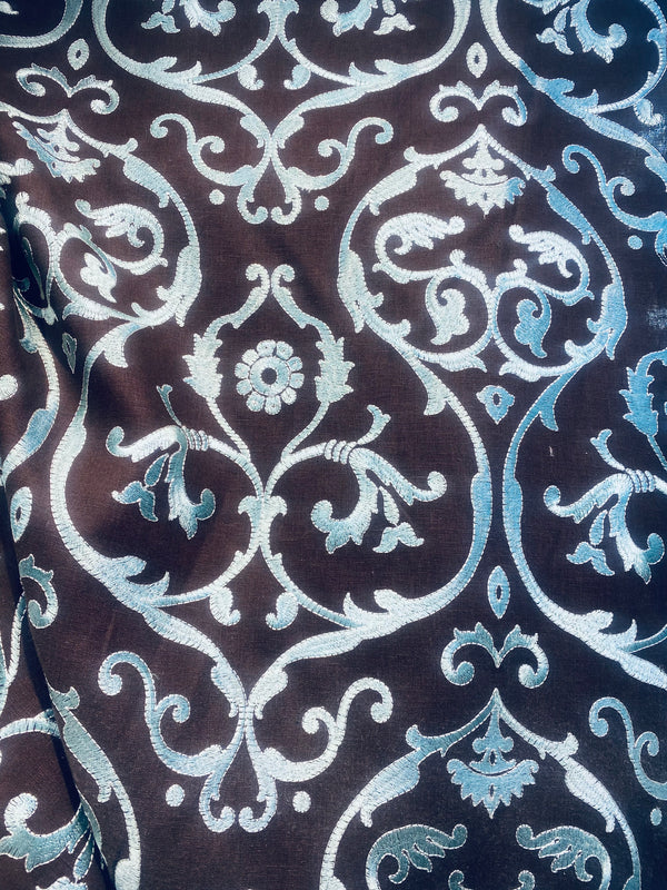 NEW! Duchess Dahlia Novelty Belgium Imported 100% Linen Embroidered Medallion Fabric Chocolate Brown and Light Blue - Fancy Styles Fabric Pierre Frey Lee Jofa Brunschwig & Fils