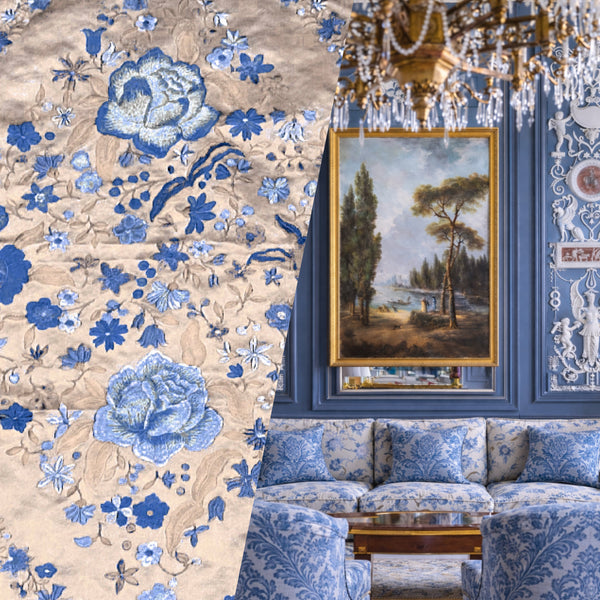 NEW! Custom-Order King Louis XIV Novelty 100% Silk Jacquard Embroidered Floral Upholstery Fabric - Pink Champagne and Blue - Fancy Styles Fabric Pierre Frey Lee Jofa Brunschwig & Fils