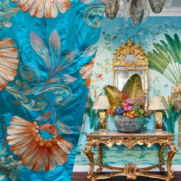 NEW Queen Monique Novelty Floral Embroidered 100% Silk Fabric in Turquoise - Fancy Styles Fabric Pierre Frey Lee Jofa Brunschwig & Fils