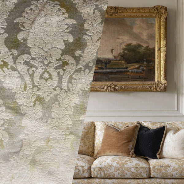 NEW Lord Augustin Designer Double Sided Velvet Chenille Burnout Damask Upholstery Fabric - Cream & Gold - Fancy Styles Fabric Pierre Frey Lee Jofa Brunschwig & Fils