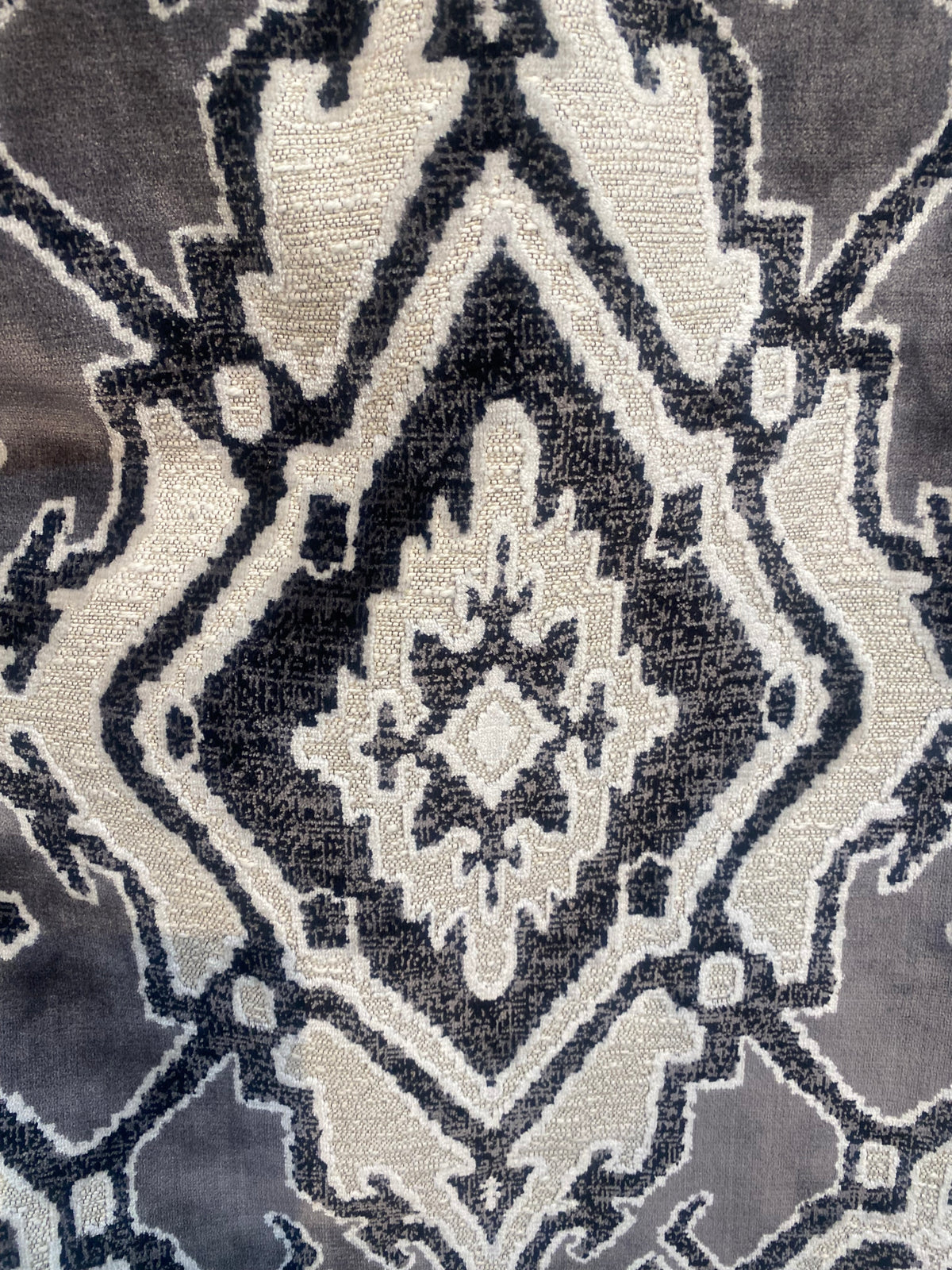 King Chantrel Designer Medallion Damask Velvet Fabric Upholstery-Dark Grey, Black and White - Fancy Styles Fabric Pierre Frey Lee Jofa Brunschwig & Fils