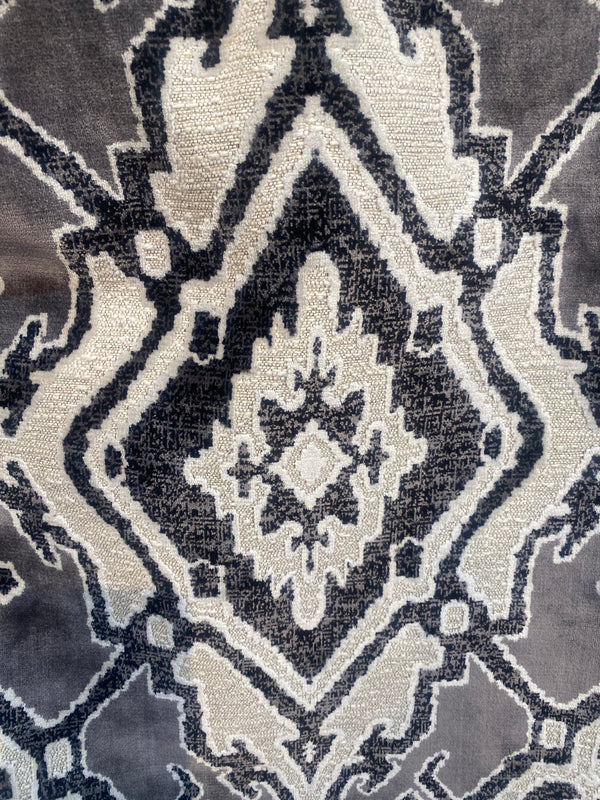 King Chantrel Designer Medallion Damask Velvet Fabric Upholstery-Dark Grey, Black and White - Fancy Styles Fabric Pierre Frey Lee Jofa Brunschwig & Fils