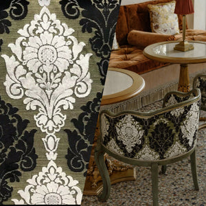NEW! Prince John Designer Made In Italy Medallion Chenille Velvet Fabric Upholstery-Black Gold White - Fancy Styles Fabric Pierre Frey Lee Jofa Brunschwig & Fils