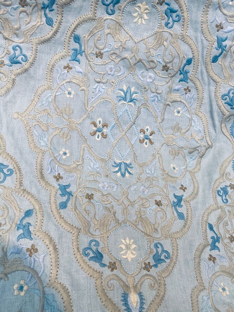 NEW! SALE! Scalamandre 100% Linen Medallion Embroidered Fabric Blue