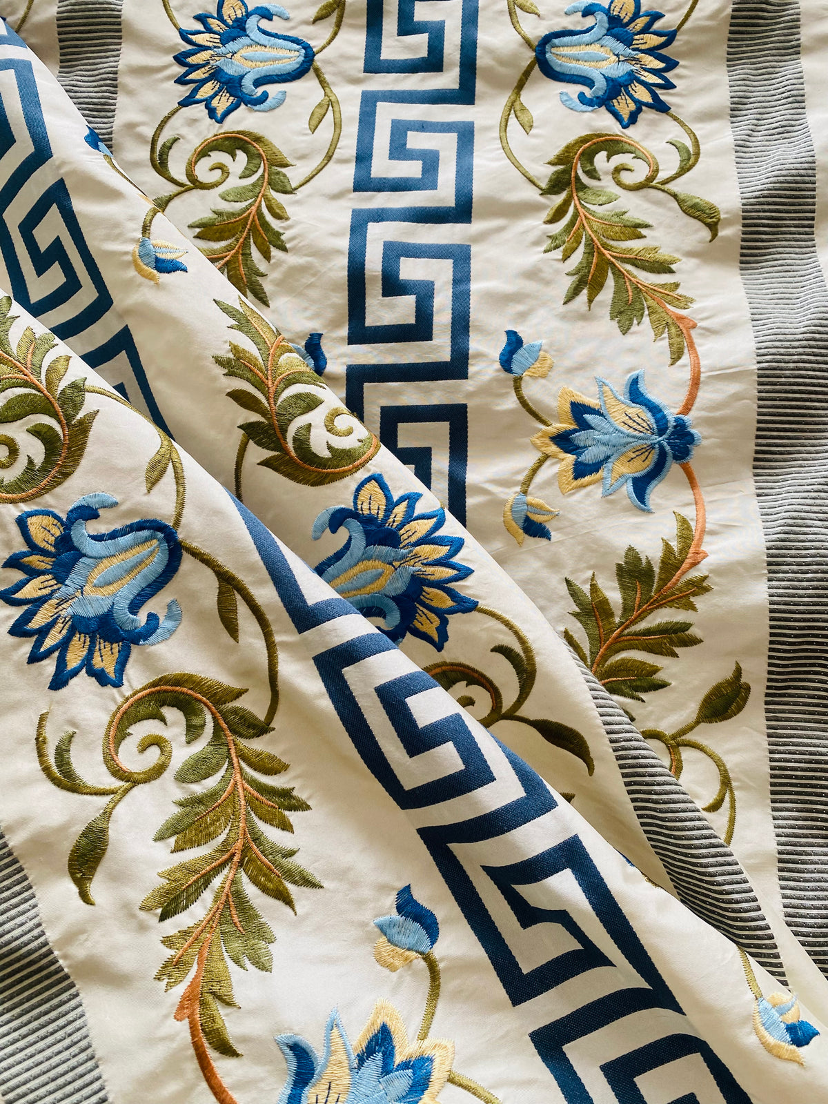 NEW Prince Greco Novelty Embroidered 100% Silk Taffeta Fabric Blue and White - Fancy Styles Fabric Pierre Frey Lee Jofa Brunschwig & Fils
