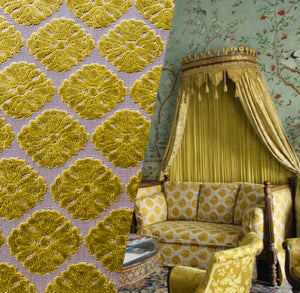 NEW! Prince Mikaile - Designer Italian Venetian Burnout Damask Cut Velvet Yellow Chartreuse Fabric Upholstery - Fancy Styles Fabric Pierre Frey Lee Jofa Brunschwig & Fils