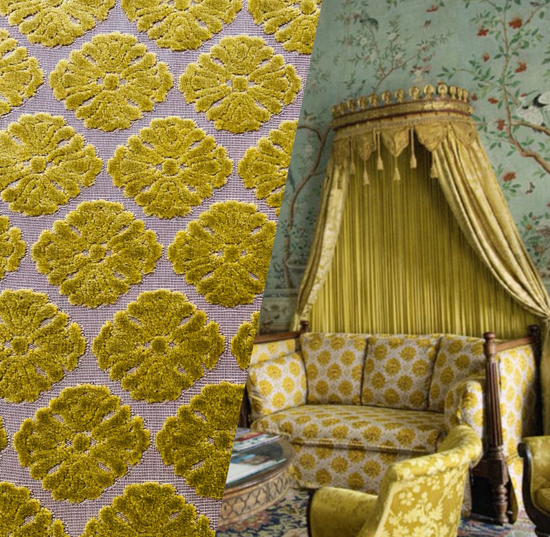 NEW! Prince Mikaile - Designer Italian Venetian Burnout Damask Cut Velvet Yellow Chartreuse Fabric Upholstery - Fancy Styles Fabric Pierre Frey Lee Jofa Brunschwig & Fils
