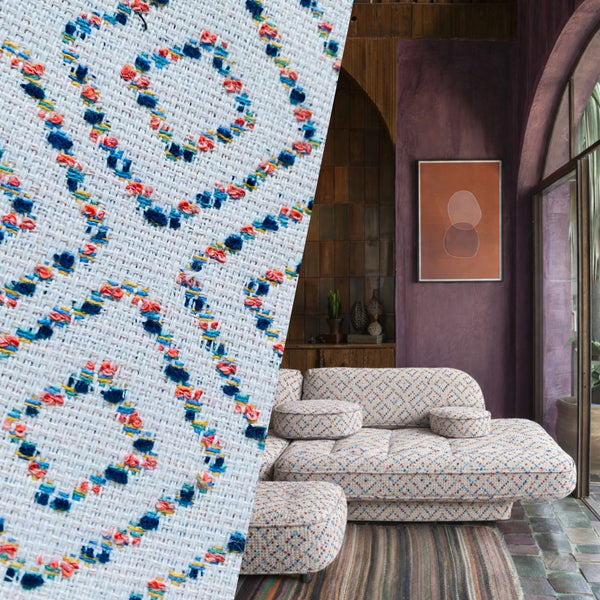 New! SUNBRELLA Novelty Boucle Woven Waterproof Indoor Outdoor Pink Indigo Blue White Upholstery and Decorating Fabric - Fancy Styles Fabric Pierre Frey Lee Jofa Brunschwig & Fils