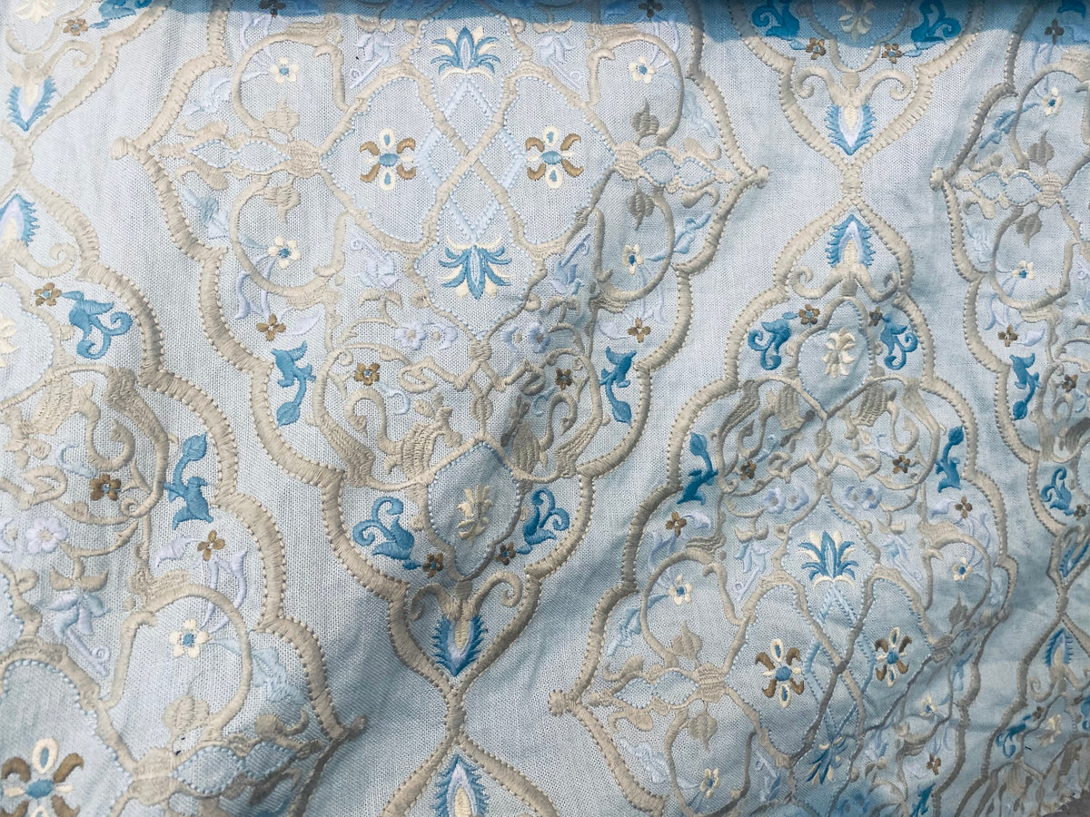 NEW! SALE! Scalamandre 100% Linen Medallion Embroidered Fabric Blue - Fancy Styles Fabric Pierre Frey Lee Jofa Brunschwig & Fils