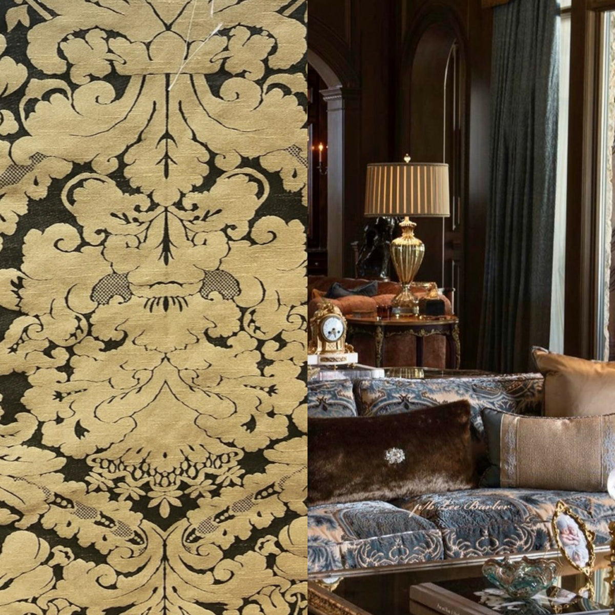 NEW King St John Designer Damask Drapery Satin Fabric - Black Gold- Decorating - Fancy Styles Fabric Pierre Frey Lee Jofa Brunschwig & Fils