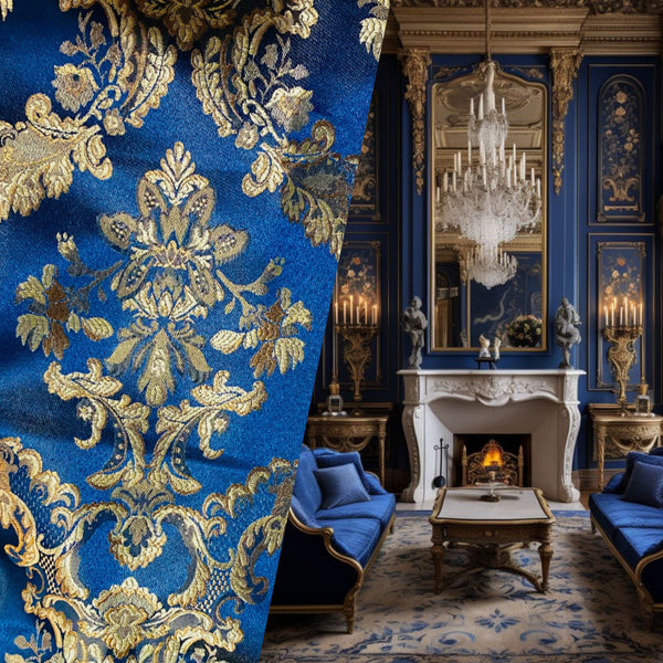 NEW! Back in stock! Lucas Satin Medallion Brocade Blue Fabric - Fancy Styles Fabric Pierre Frey Lee Jofa Brunschwig & Fils
