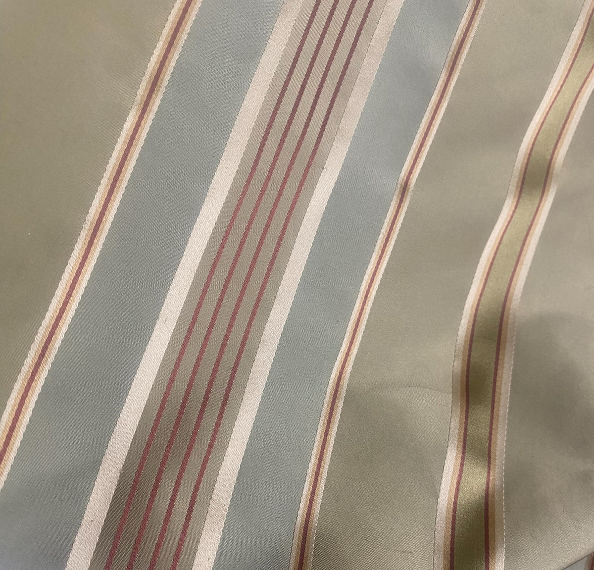 Queen Shante 100% Silk Taffeta Ribbon Stripes Fabric - Pistachio Green, Blue-Grey and Gold with Red Pinstripes - Fancy Styles Fabric Pierre Frey Lee Jofa Brunschwig & Fils