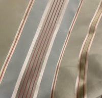 Queen Shante 100% Silk Taffeta Ribbon Stripes Fabric - Pistachio Green, Blue-Grey and Gold with Red Pinstripes - Fancy Styles Fabric Pierre Frey Lee Jofa Brunschwig & Fils