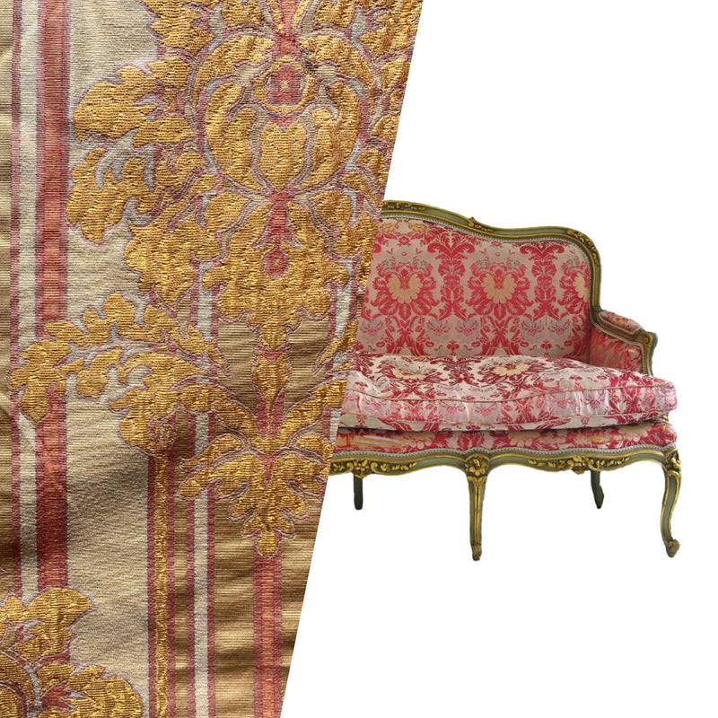 NEW Queen Marion Novelty Ritz Neoclassical Brocade Medallion Striped Jacquard Satin Fabric - Made in Italy - Gold Red Beige