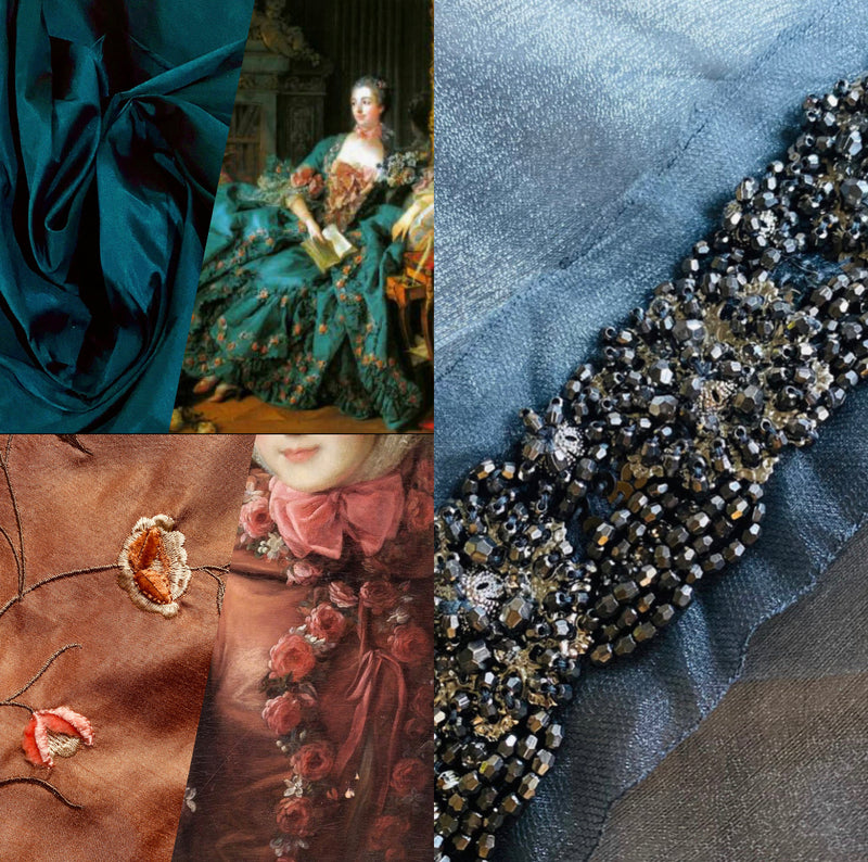 App Sale: $22.50 Mystery Fabric 104- 34" x 55" Copper Embroidered Faux Silk Dupioni + 2 Beaded Appliqués + 1.75 Yards Lady Frank Light Faux Silk Taffeta Teal