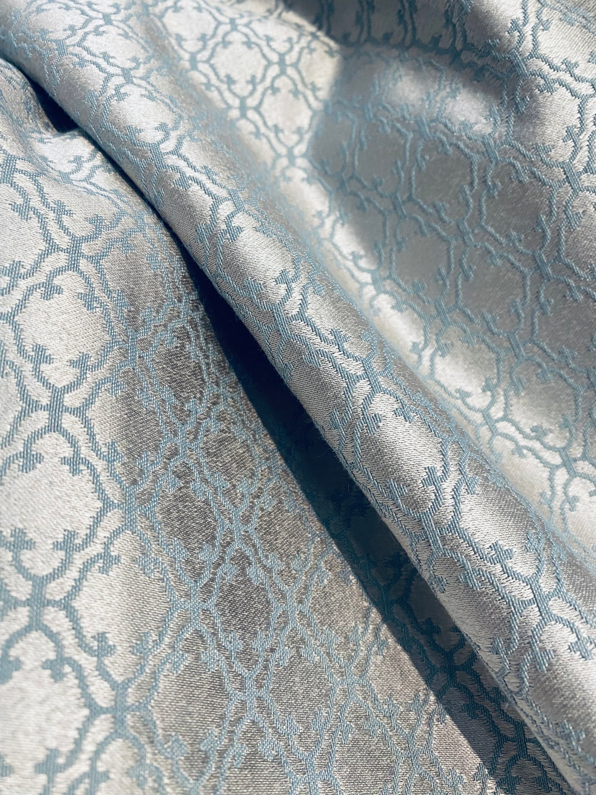 NEW Prince Lenmar Antique Inspired Eggshell Silver Blue Satin Geometric Upholstery Fabric - Fancy Styles Fabric Pierre Frey Lee Jofa Brunschwig & Fils