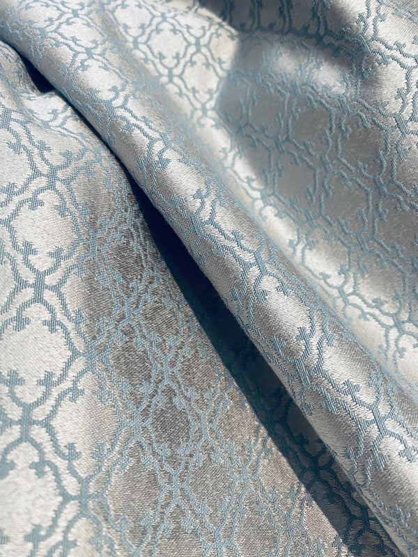 NEW Prince Lenmar Antique Inspired Eggshell Silver Blue Satin Geometric Upholstery Fabric - Fancy Styles Fabric Pierre Frey Lee Jofa Brunschwig & Fils
